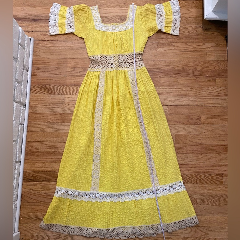 Boho Vintage Yellow and White Cotton Maxi Sun Dress with Crochet Detailing